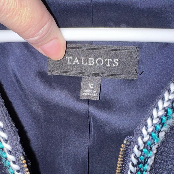 Talbots Braided Trim Zip Jacket Blazer Pockets Navy Green White Size 10 - Picture 8 of 11